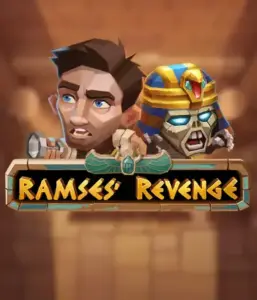 Uncover the ancient world of the Ramses' Revenge game by Relax Gaming, highlighting a startled explorer and a terrifying mummy against an Egyptian tomb backdrop. This image portrays the adventure of ancient Egyptian myths, perfect for adventure seekers, providing a captivating gaming experience. 